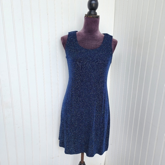 Rabbit Designs Dress Navy Blue Sparkle Print Vintage Stretch Sleveless Petite 6P - Picture 1 of 14